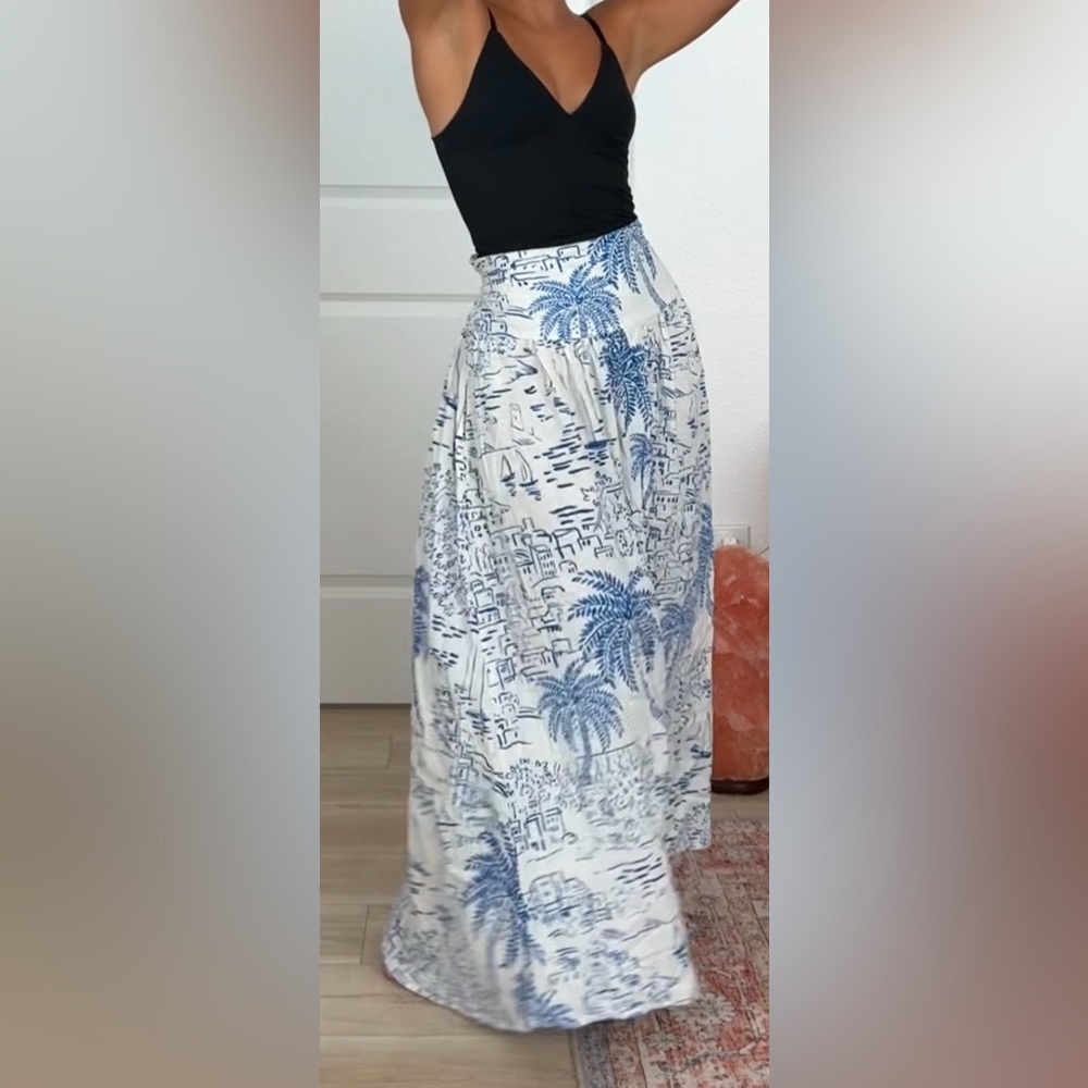 Blue and White Printed linen Skirt